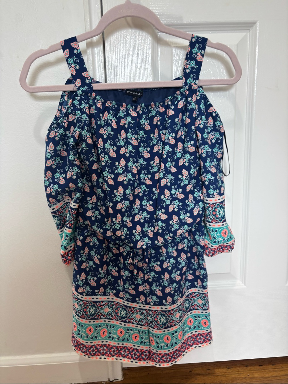 My Michelle Navy Floral Cold-Shoulder Dress with Pink and Mint Accents